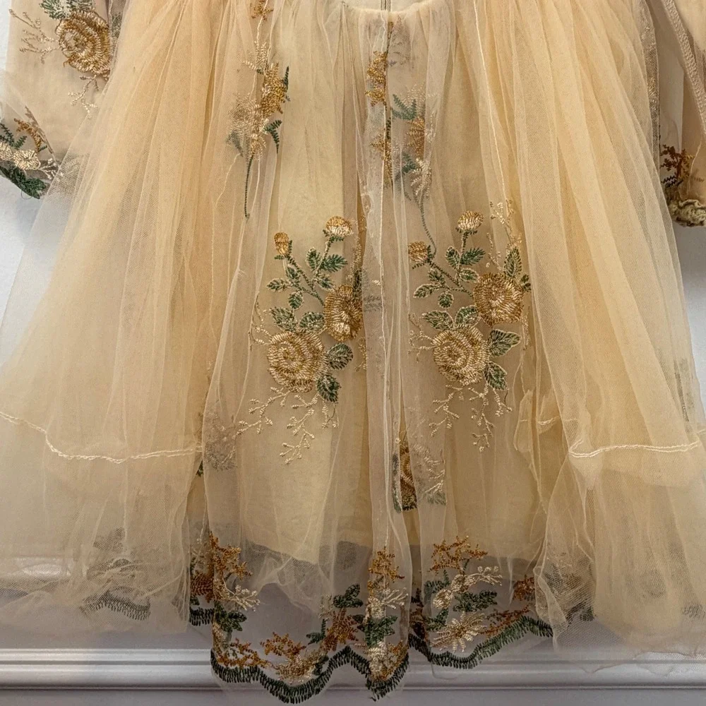 Girls Champagne Floral Embroidered Tulle Party‎ Dress Illusion Neckline Formal
